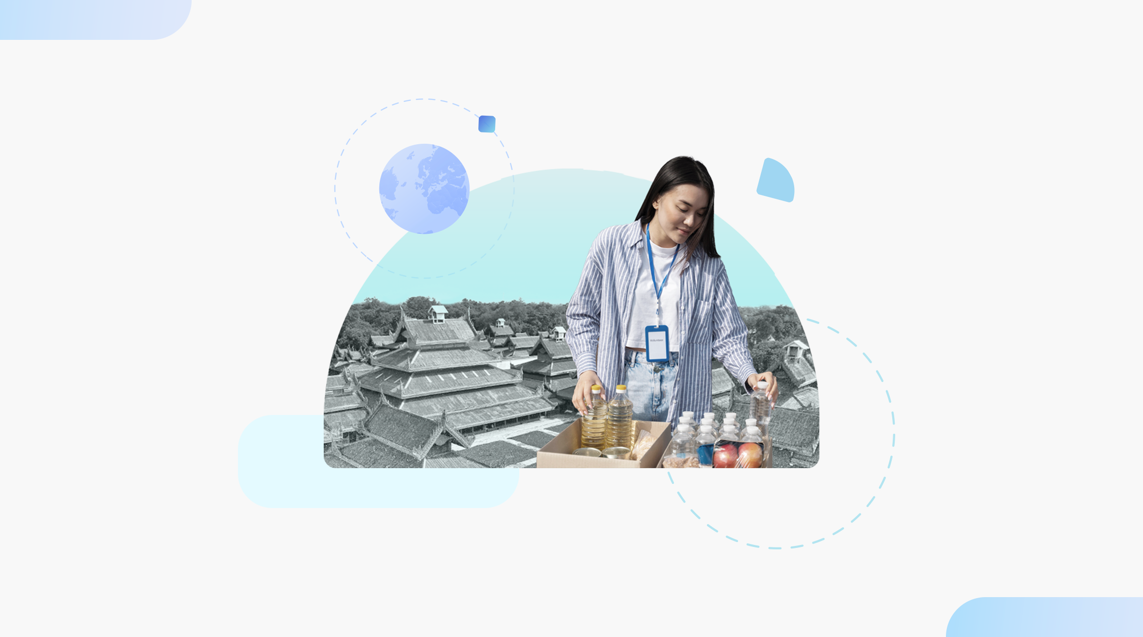 Woman providing relief efforts with Myanmar in the background