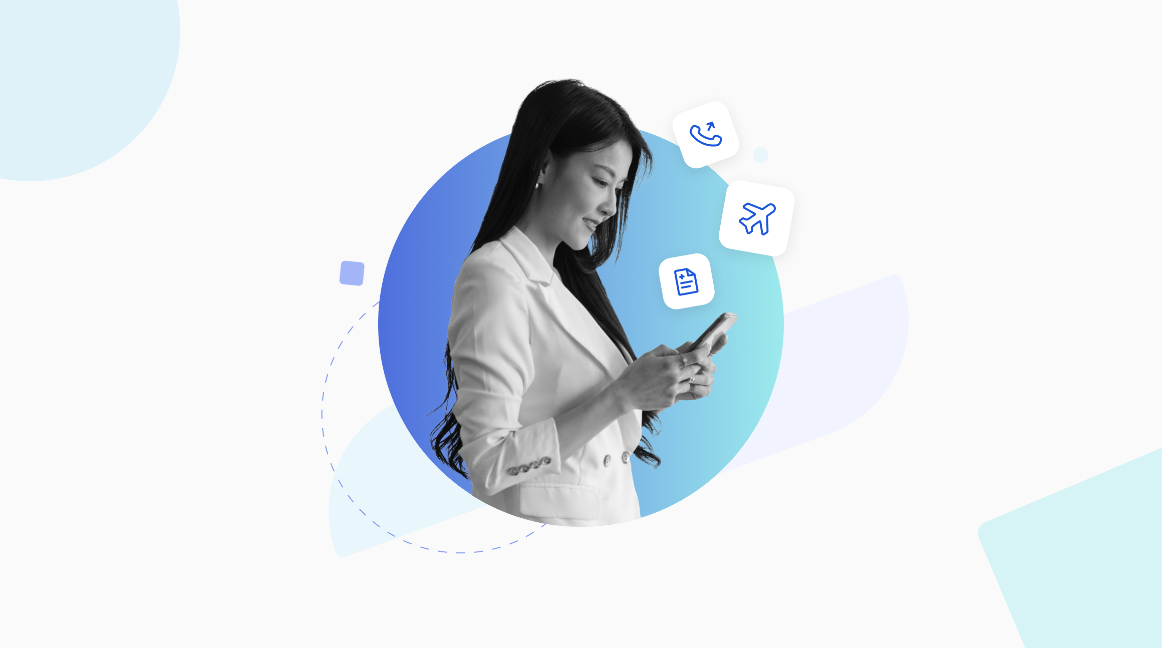 Image of a woman looking at the phone and illustrations coming up