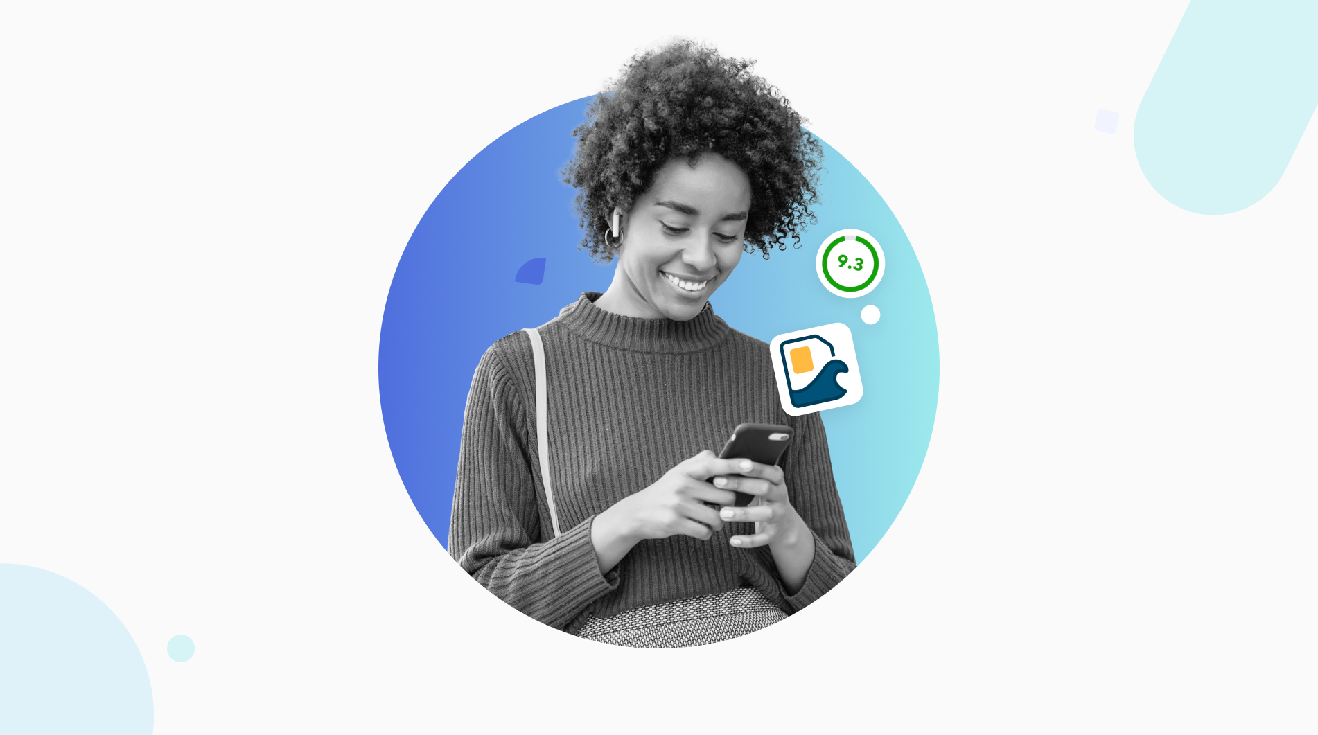 Person looking at a smartphone and the Simsurf logo