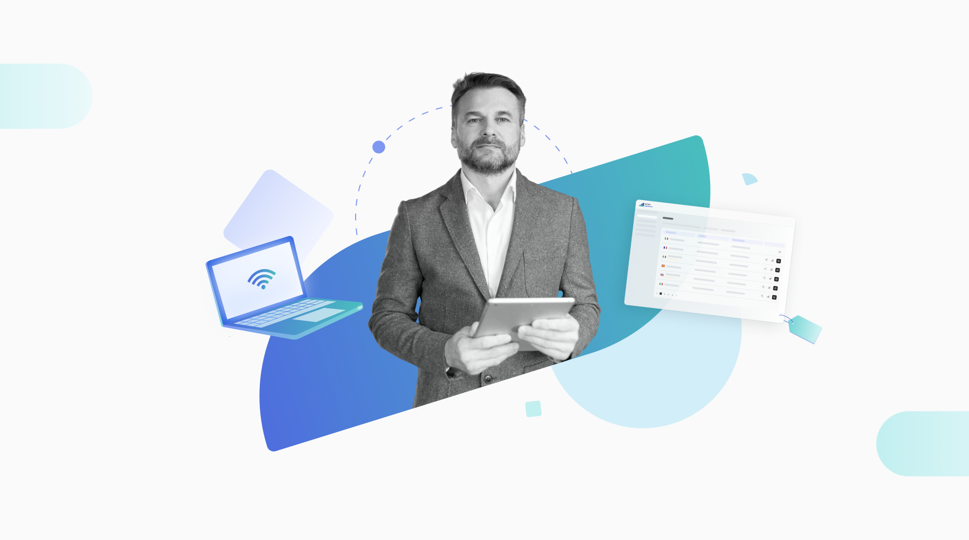 business man with blue background and laptop for Airalo Partner blog about eSIM reseller tips