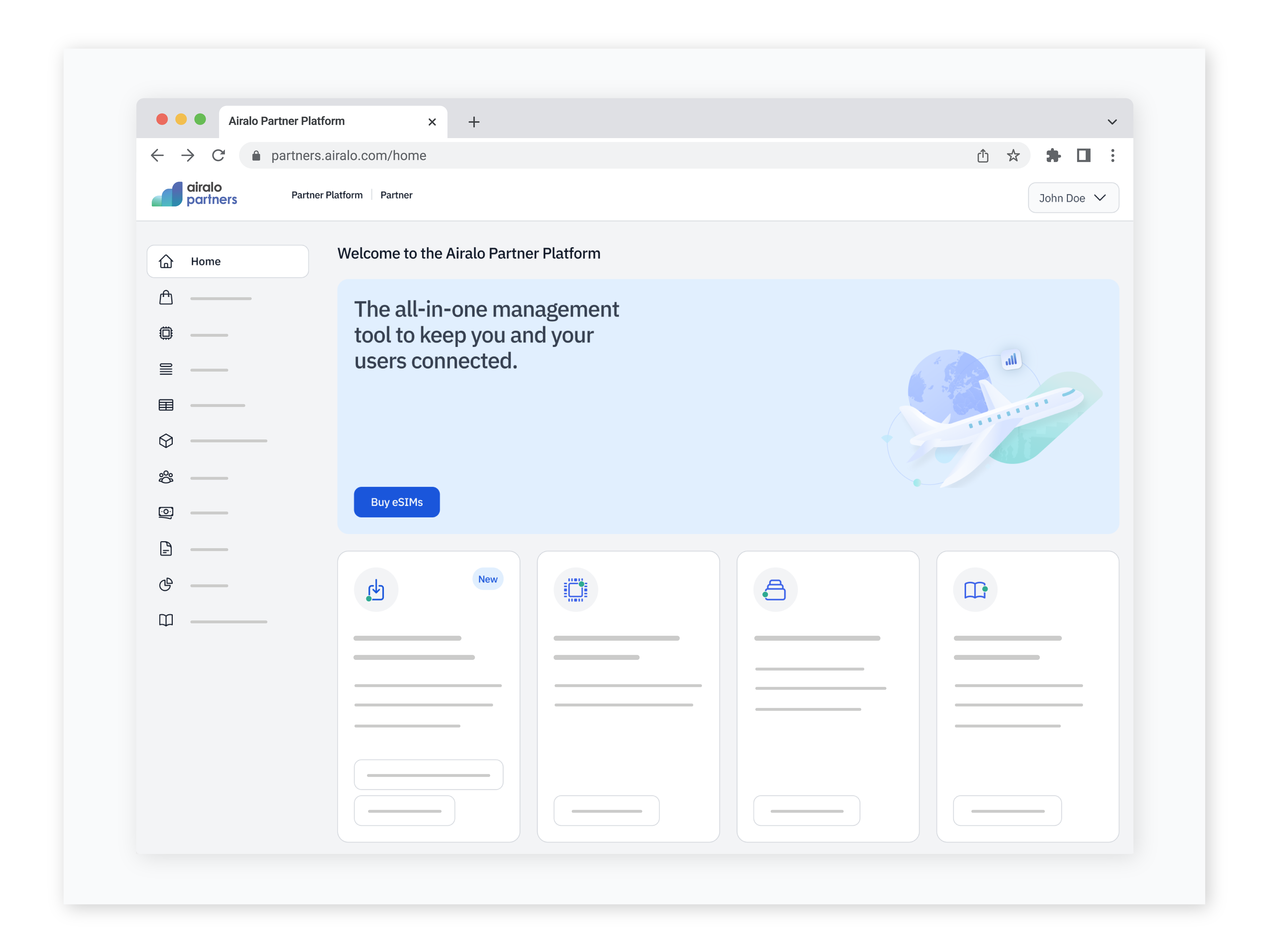 Screenshot of the Airalo Partner Platform home page