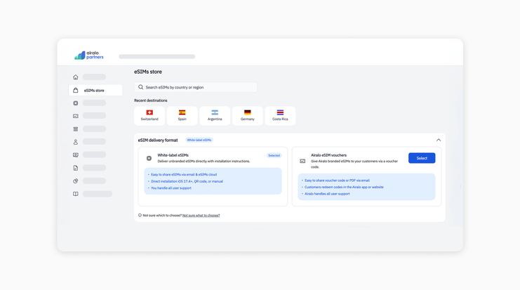 Screenshot of the different types of esim reseller solutions
