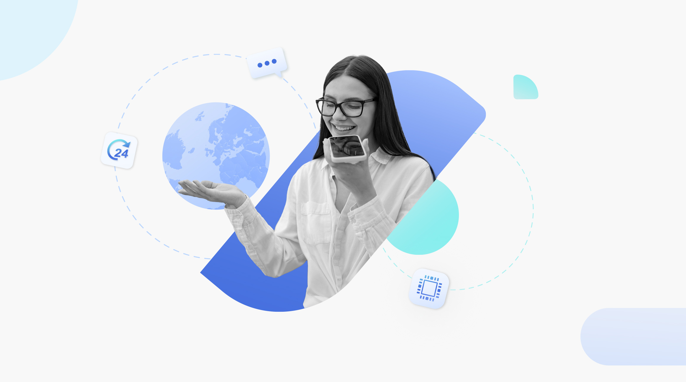 Women on phone talking to eSIM customer support with blue background and world