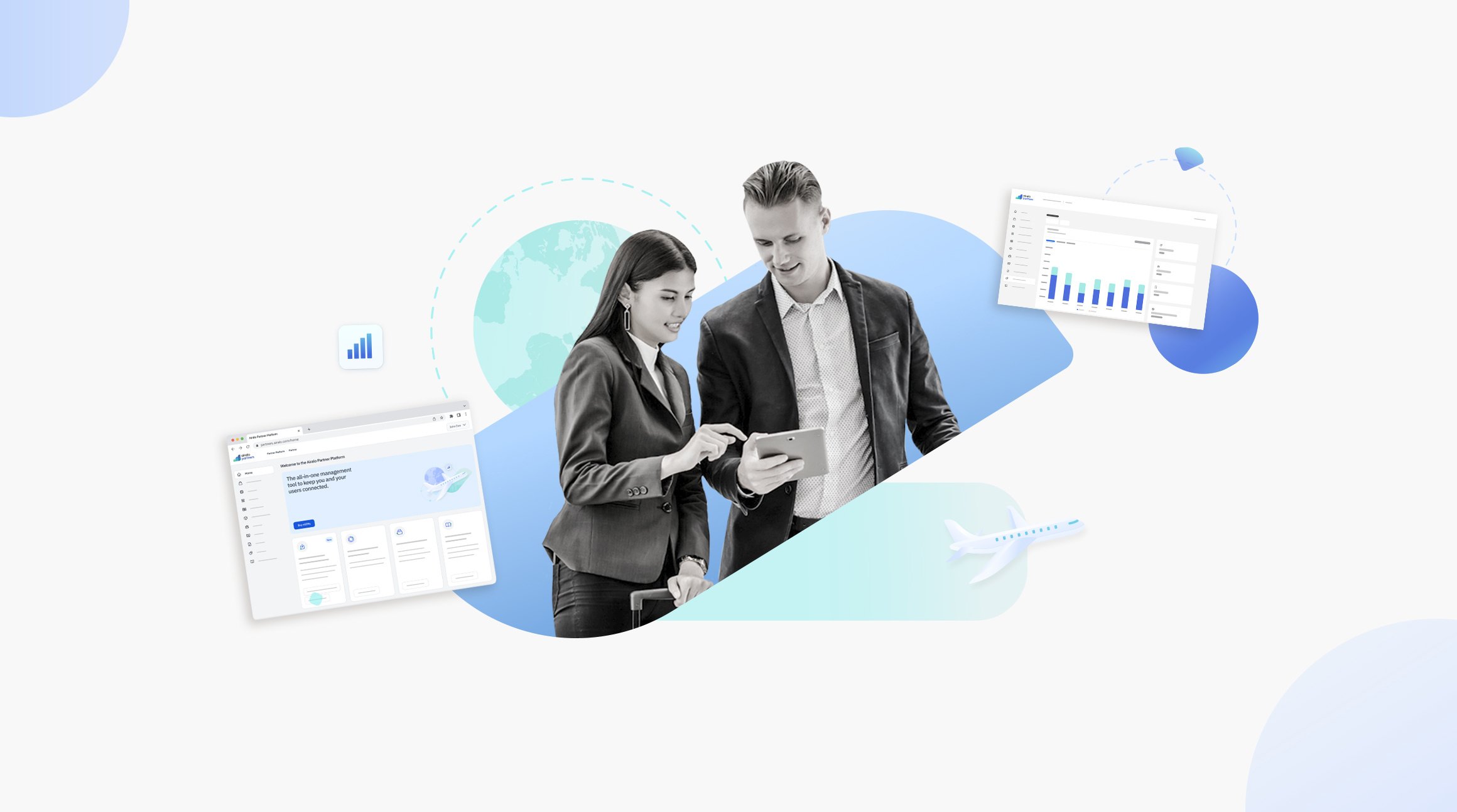 Two business people looking at their phone with blue background and chart arounds