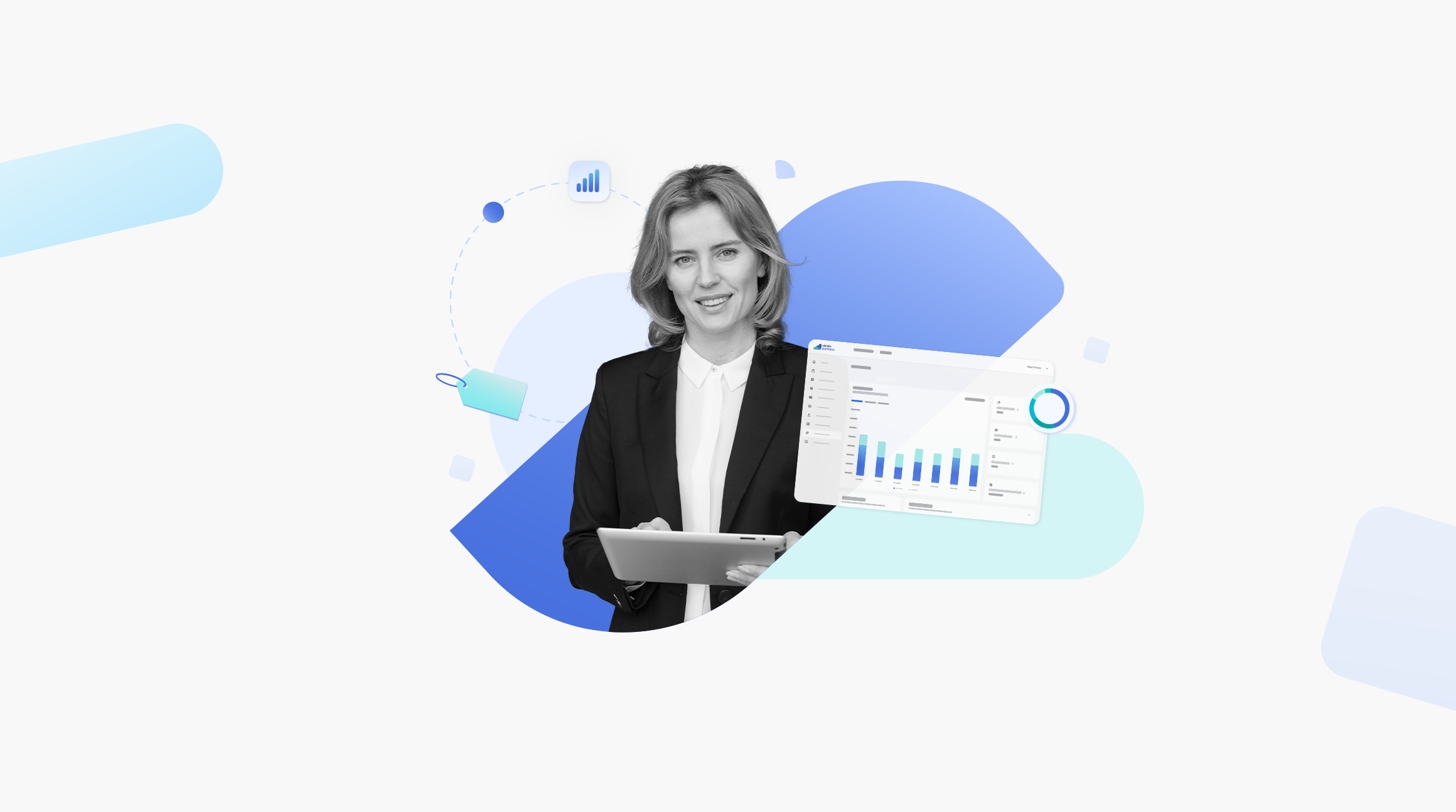 Woman holding an iPad with a website traffic chart beside her