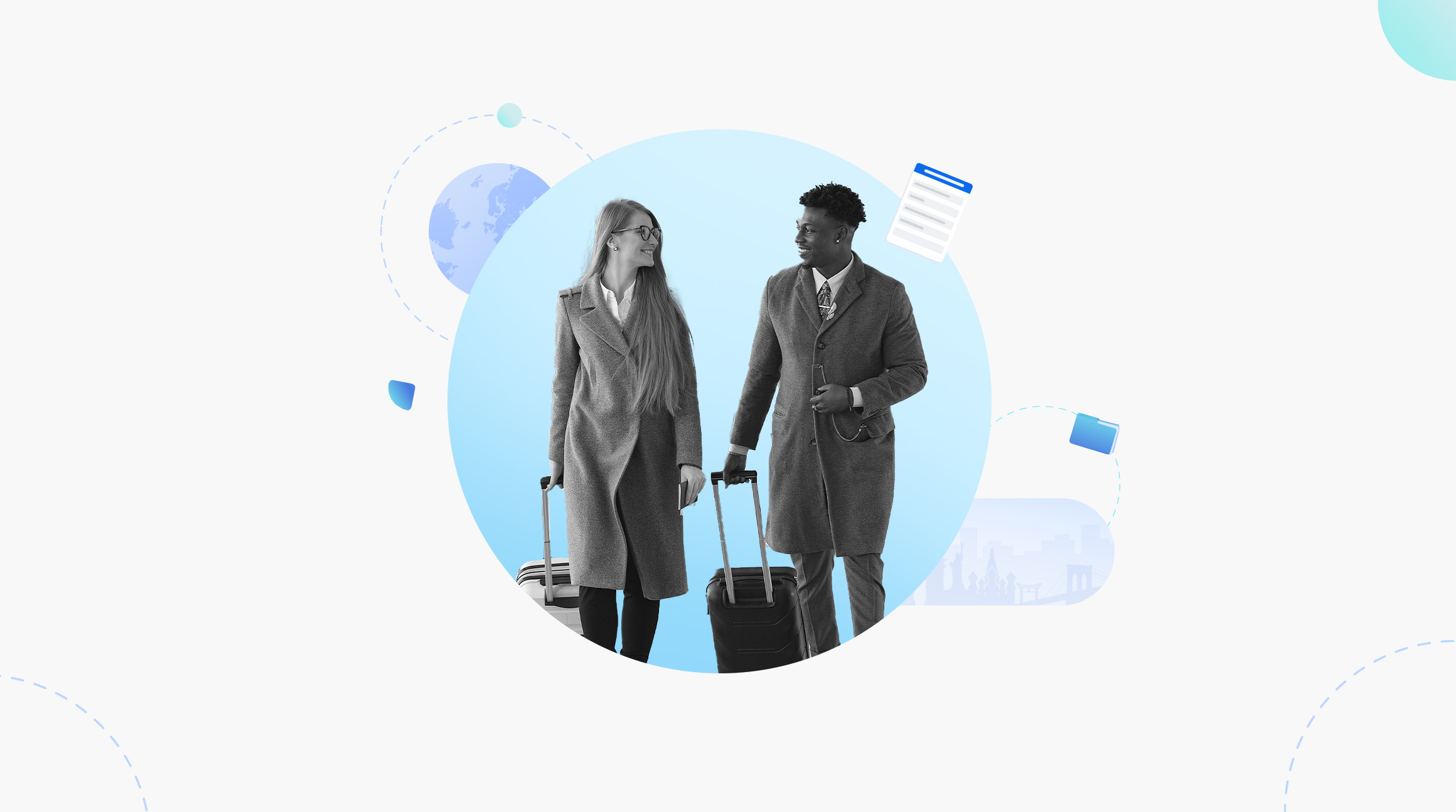 Two business travelers with suitcases and illustrations around them about corporate travel policy